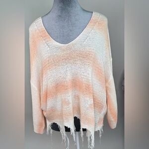 POL Peach and Cream Distressed Fringe Sweater